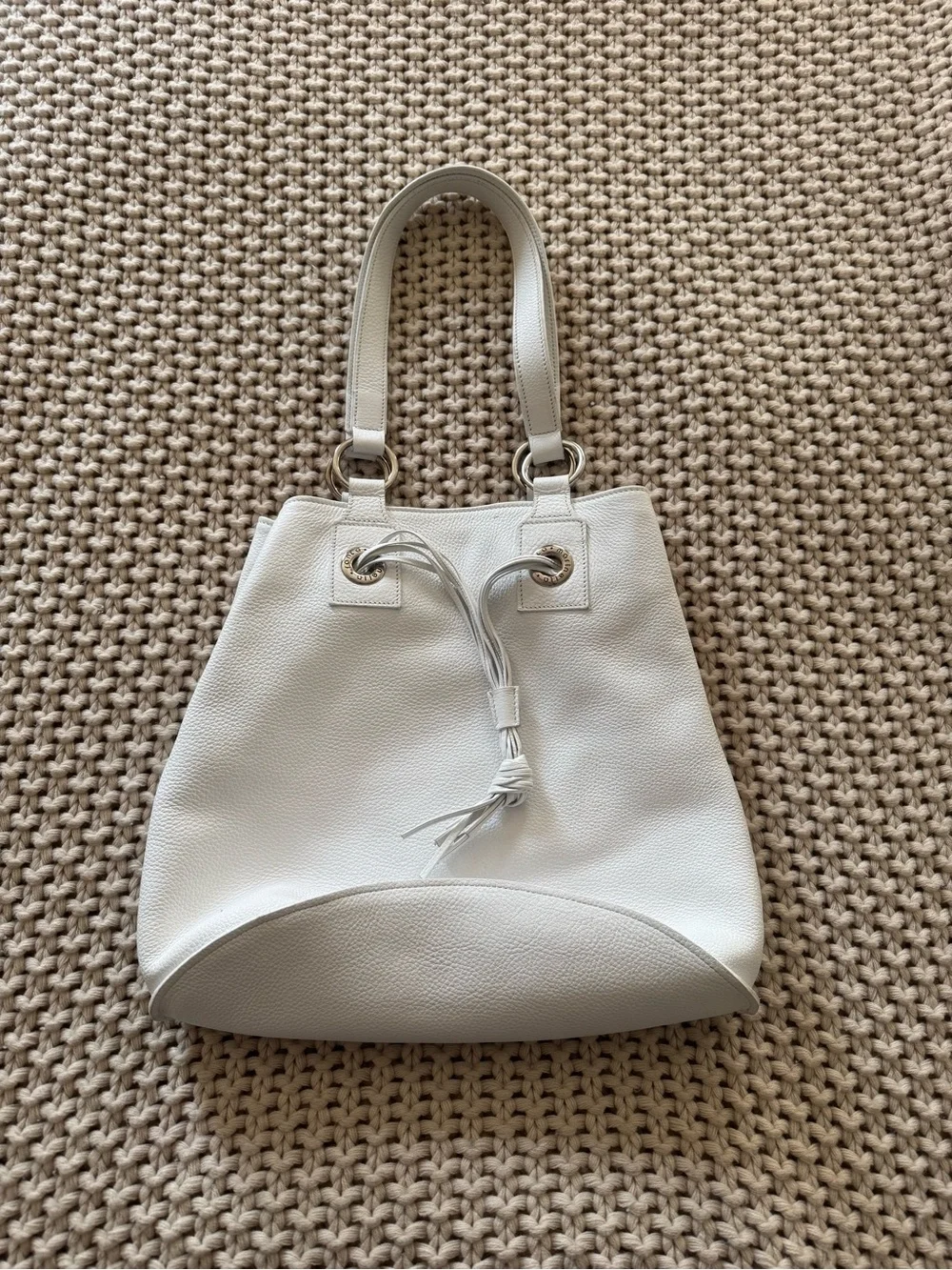 Vintage Women's White Leather Drawstring Tote Bag